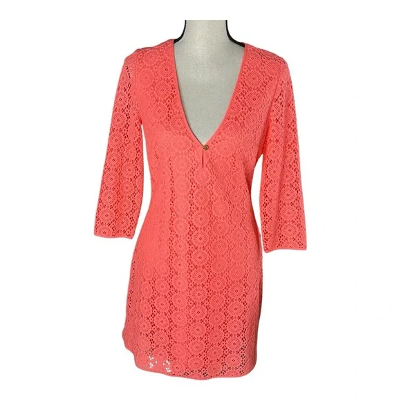 Lilly Pulitzer Lamora Pucker Pink‎ Breakers Lined Size Medium Lace Tunic Dress - Picture 2 of 16